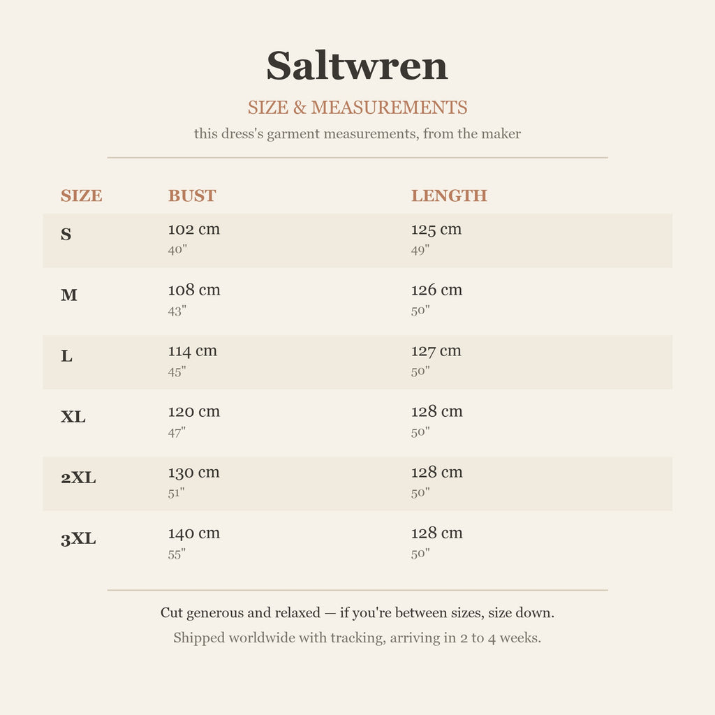 Size chart — garment measurements