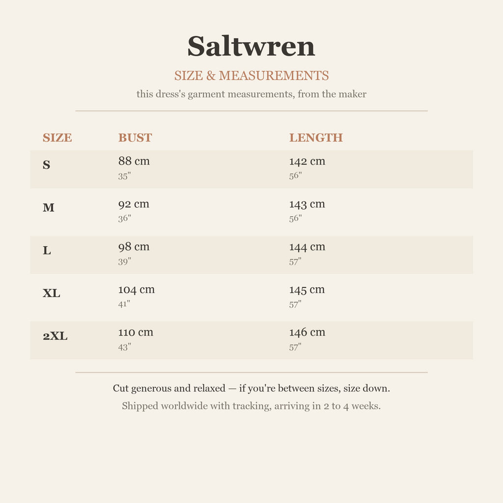 Size chart — garment measurements