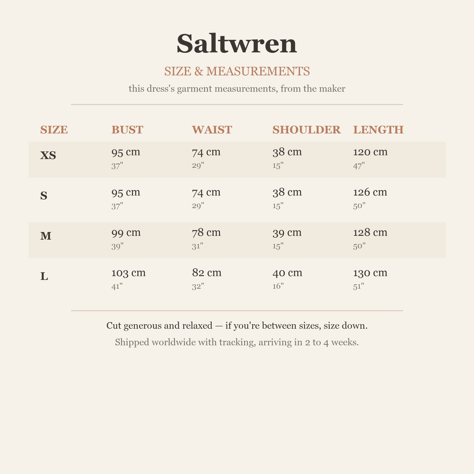 Size chart — garment measurements