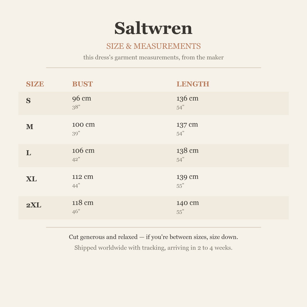 Size chart — garment measurements