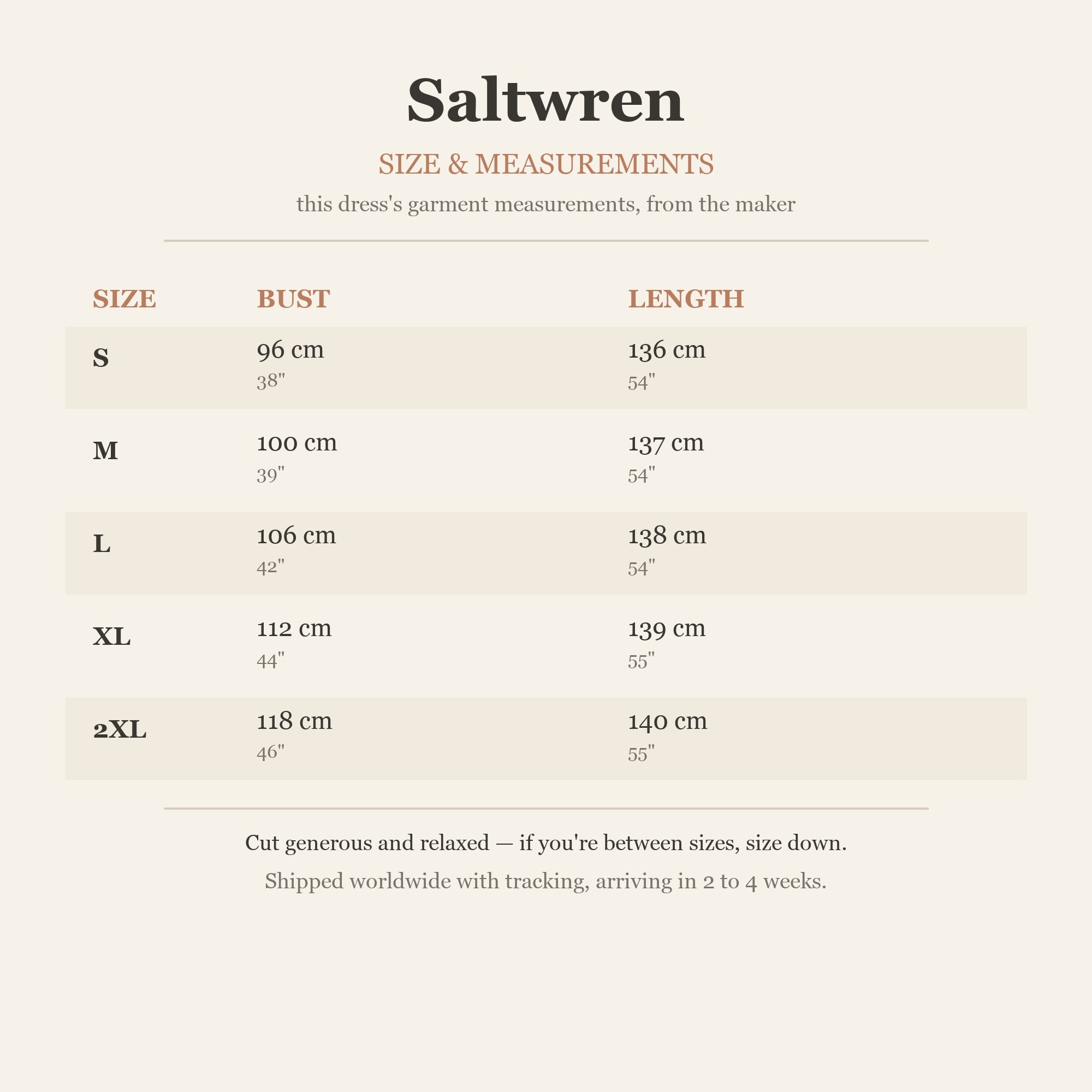 Size chart — garment measurements