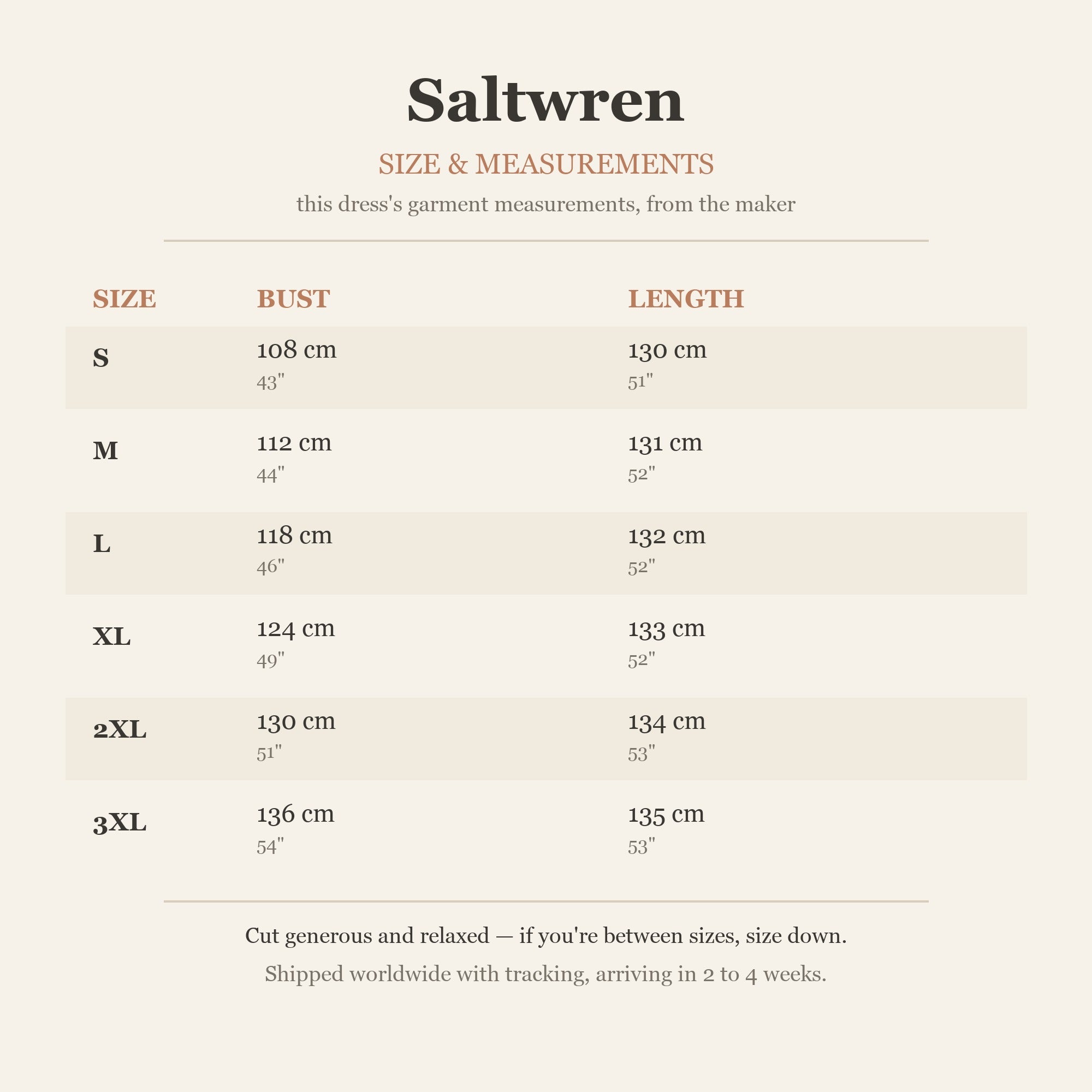 Size chart — garment measurements