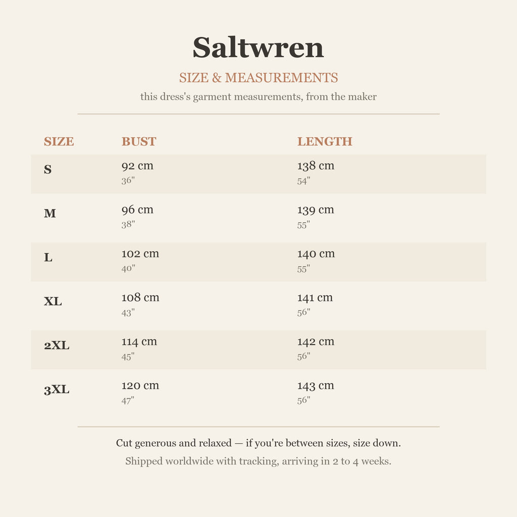Size chart — garment measurements