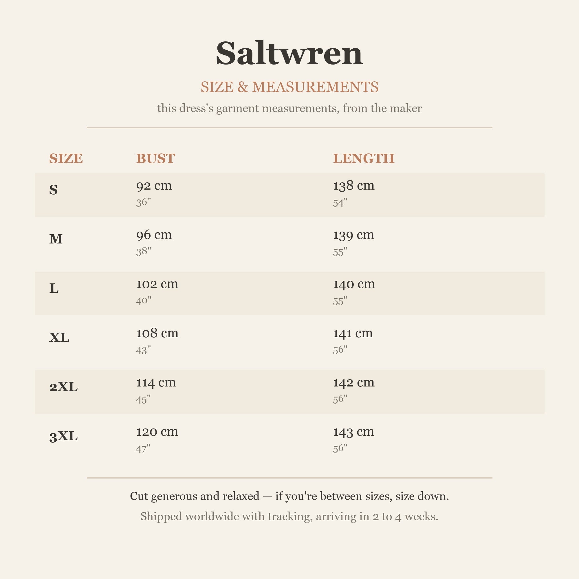 Size chart — garment measurements