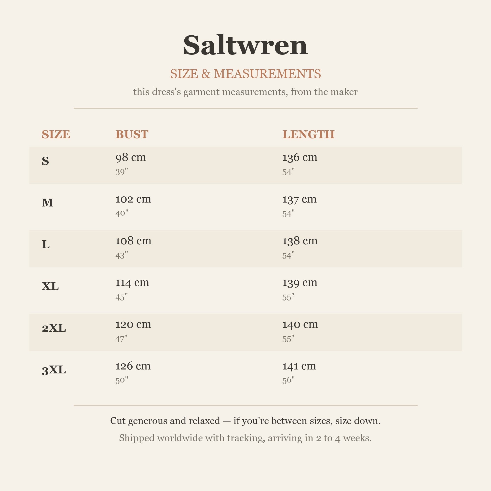 Size chart — garment measurements