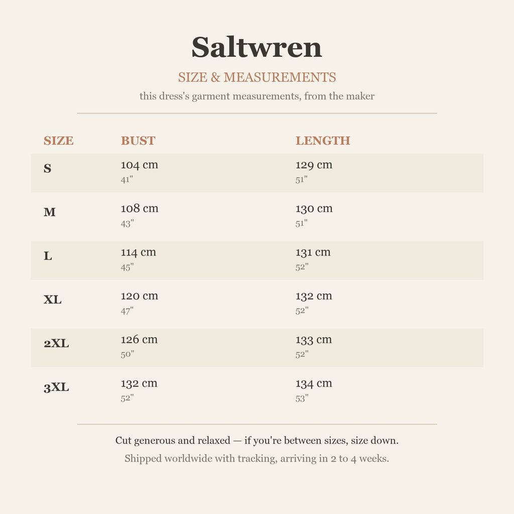 Size chart — garment measurements