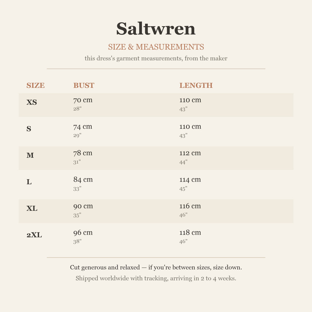 Size chart — garment measurements