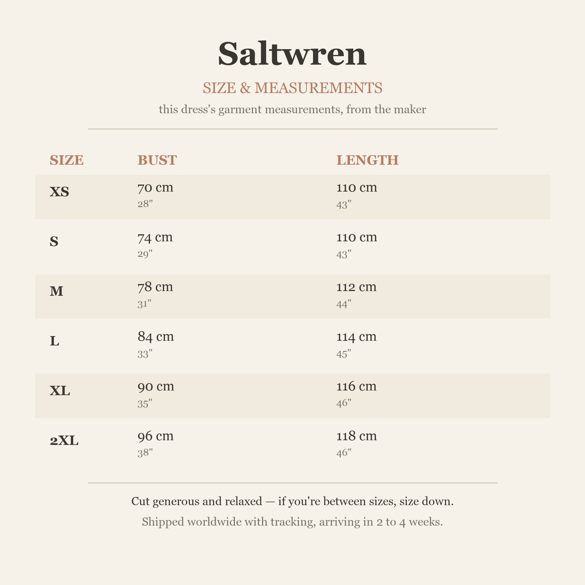 Size chart — garment measurements