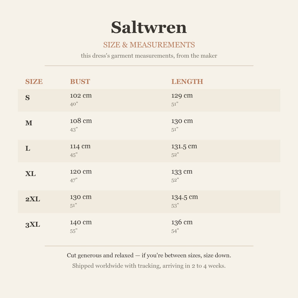 Size chart — garment measurements