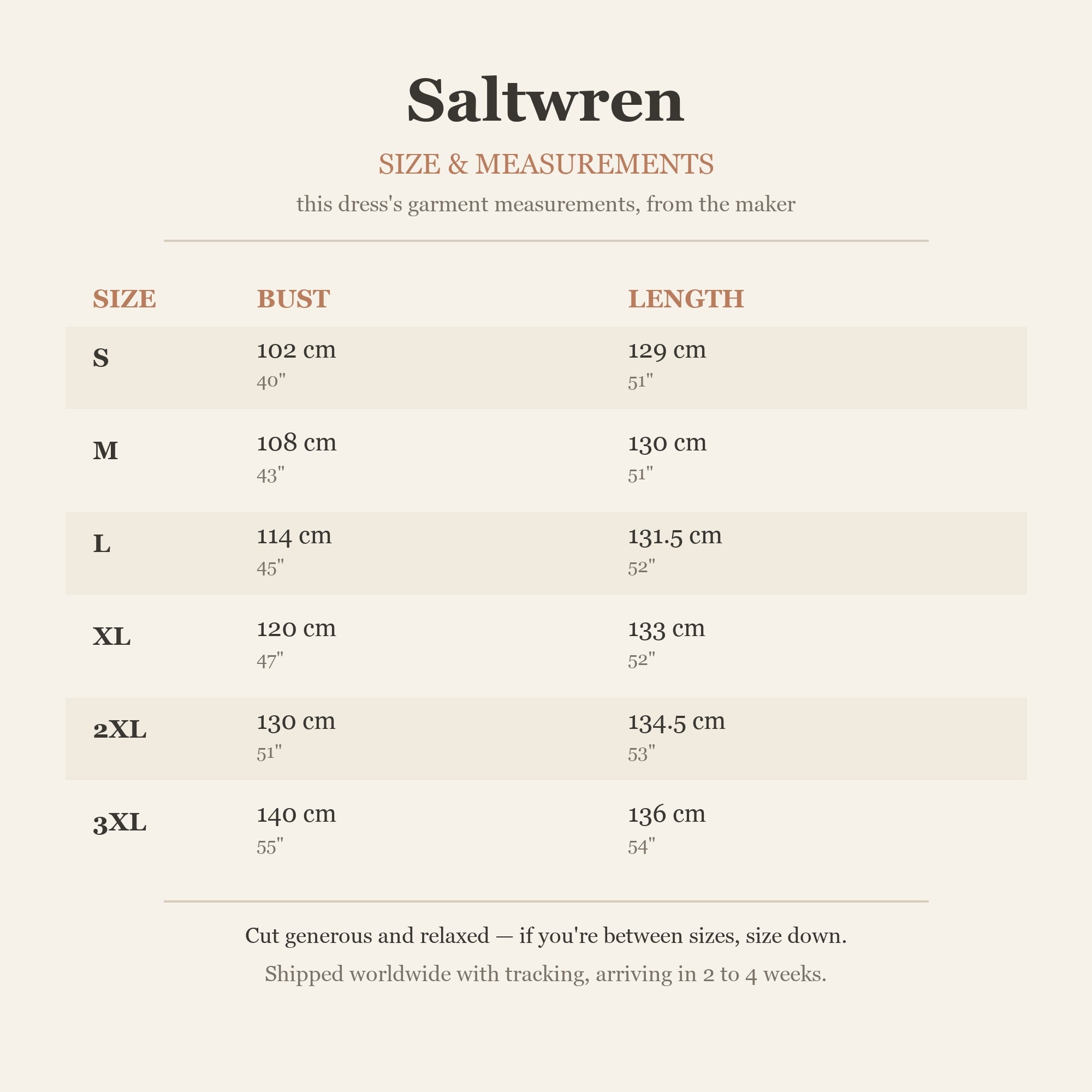 Size chart — garment measurements