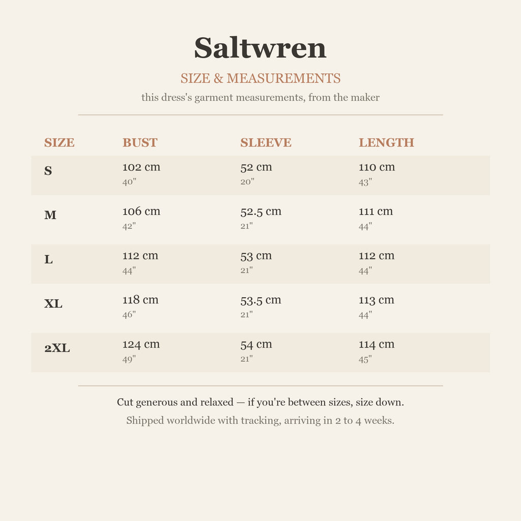 Size chart — garment measurements
