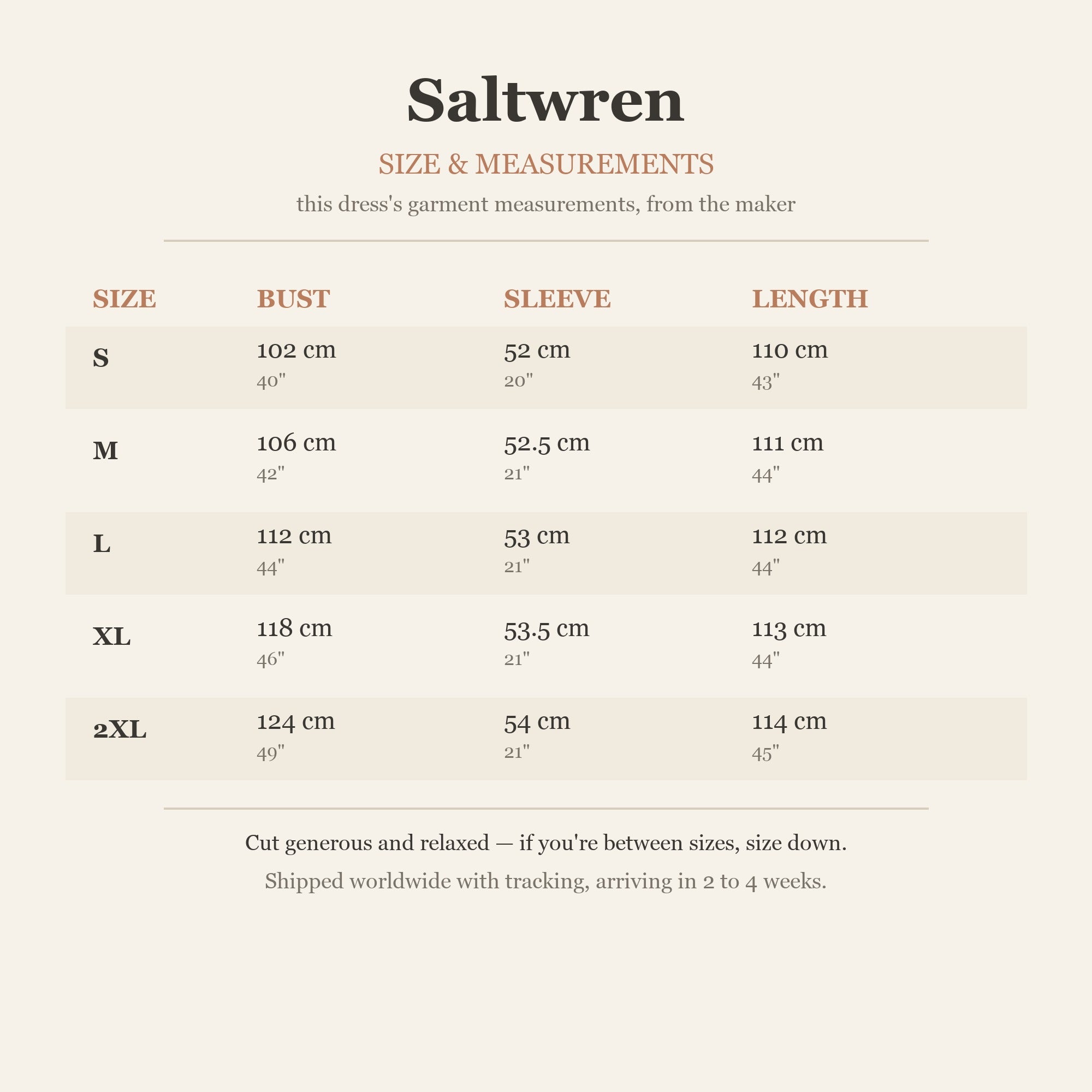 Size chart — garment measurements