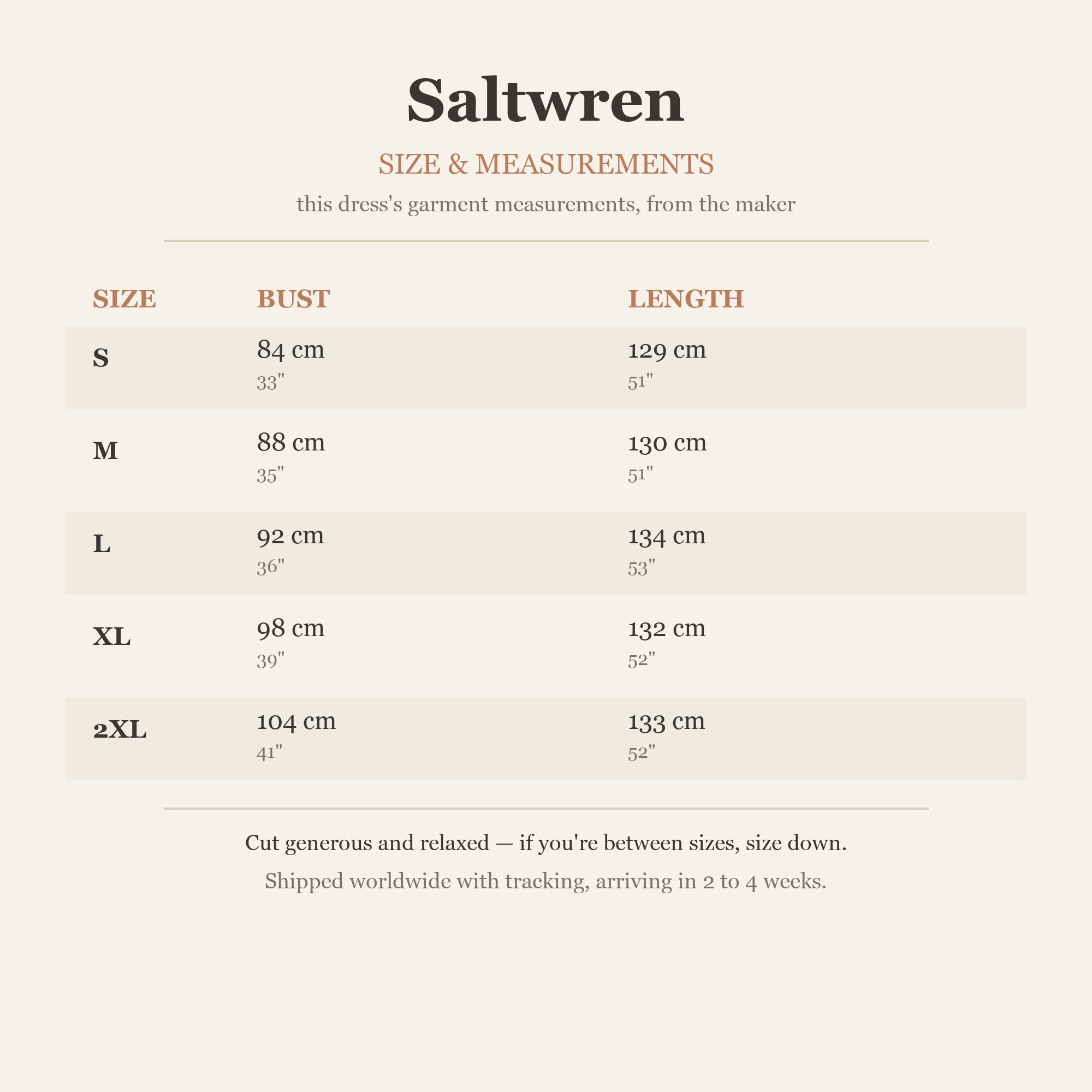 Size chart — garment measurements