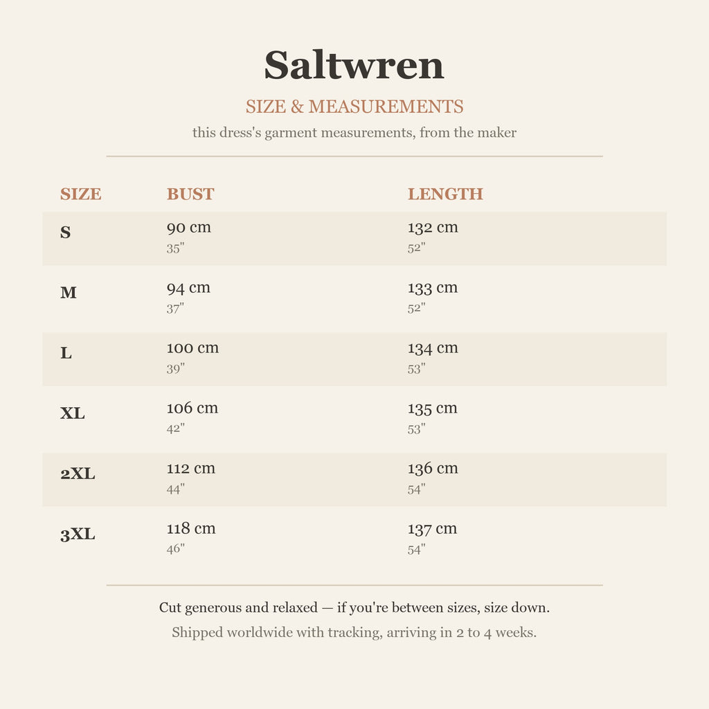 Size chart — garment measurements