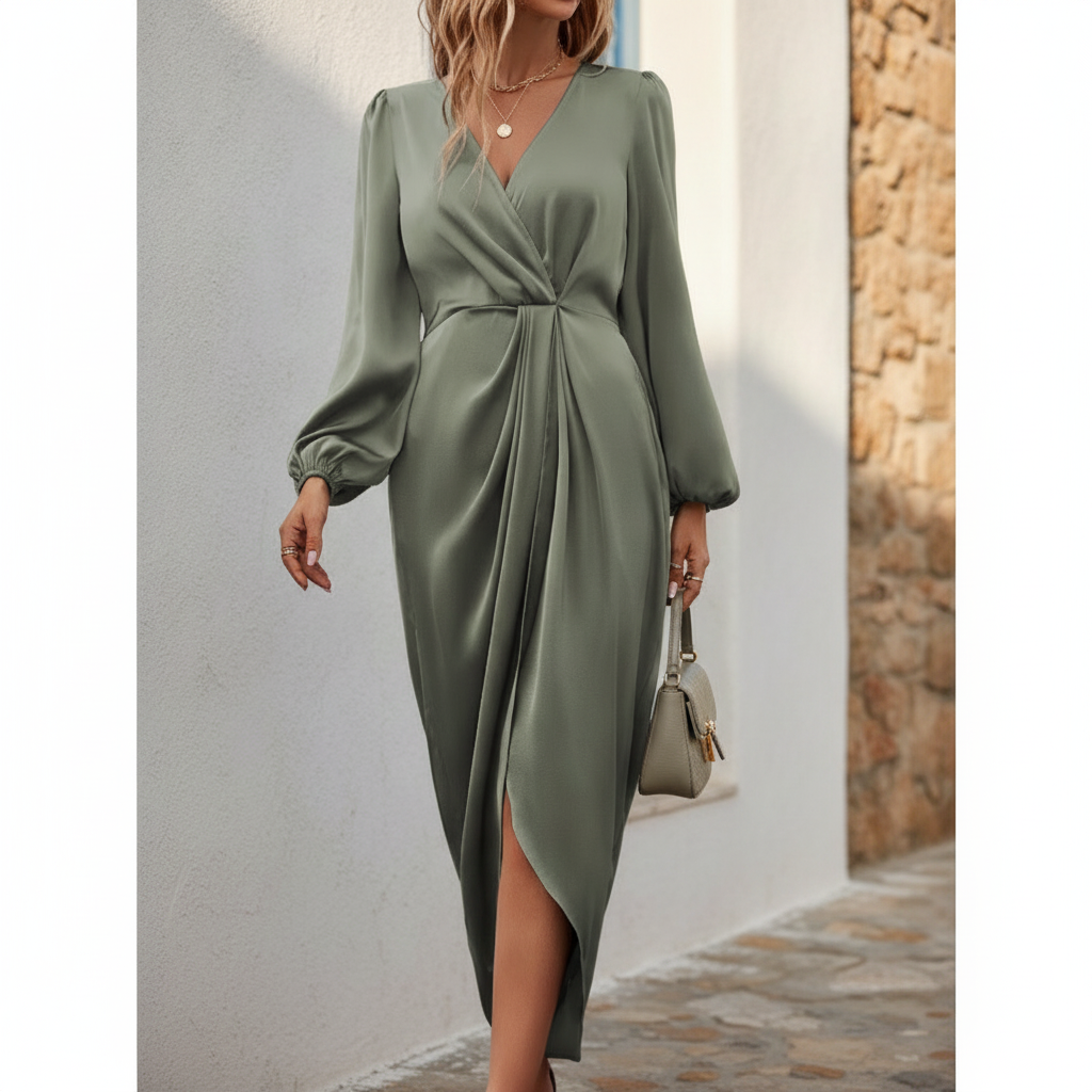 Linen-Look Wrap Midi Dress, Balloon Sleeves