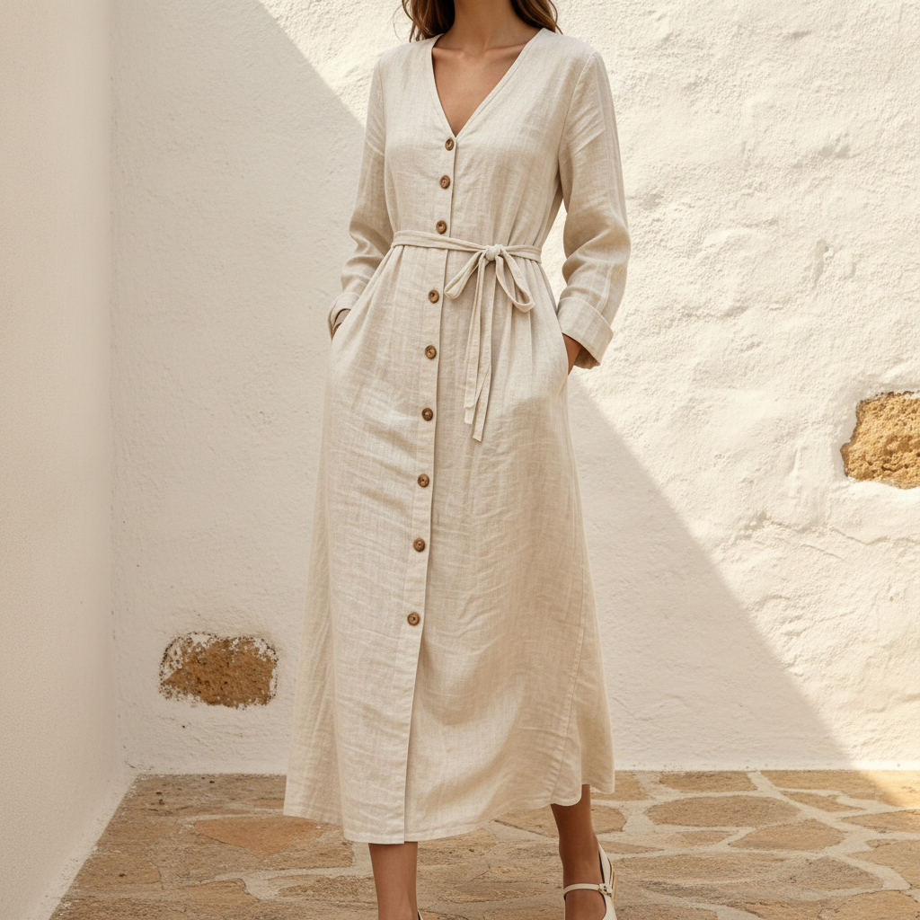 Cotton Linen Midi Dress, Tie Waist