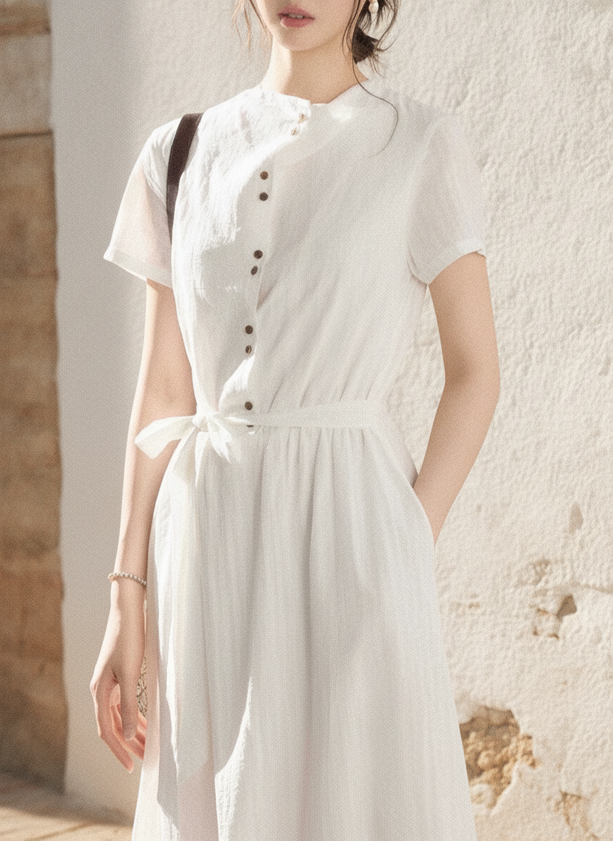 Linen-Look Maxi Dress, Button-Front Bodice