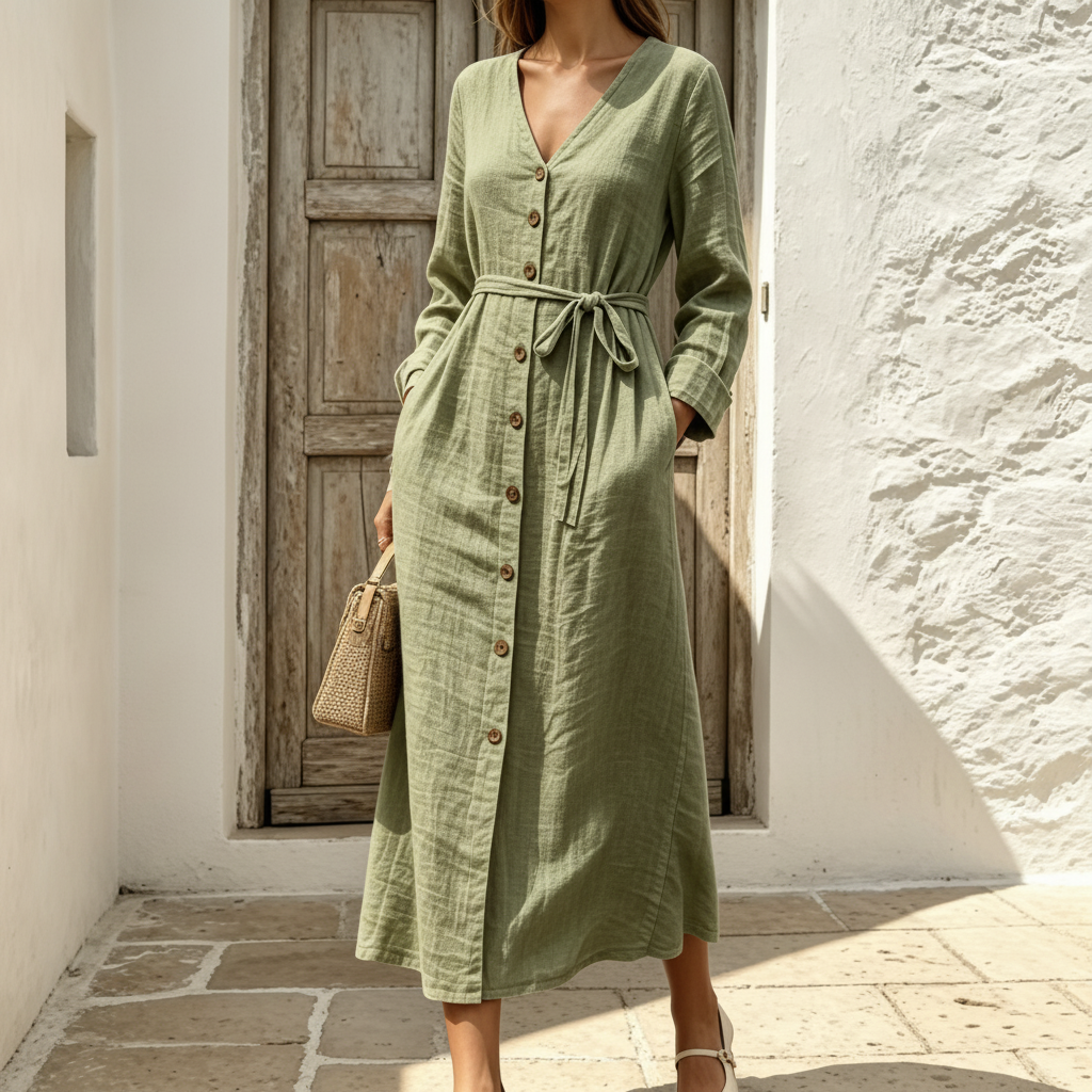 Cotton Linen Midi Dress, Tie Waist