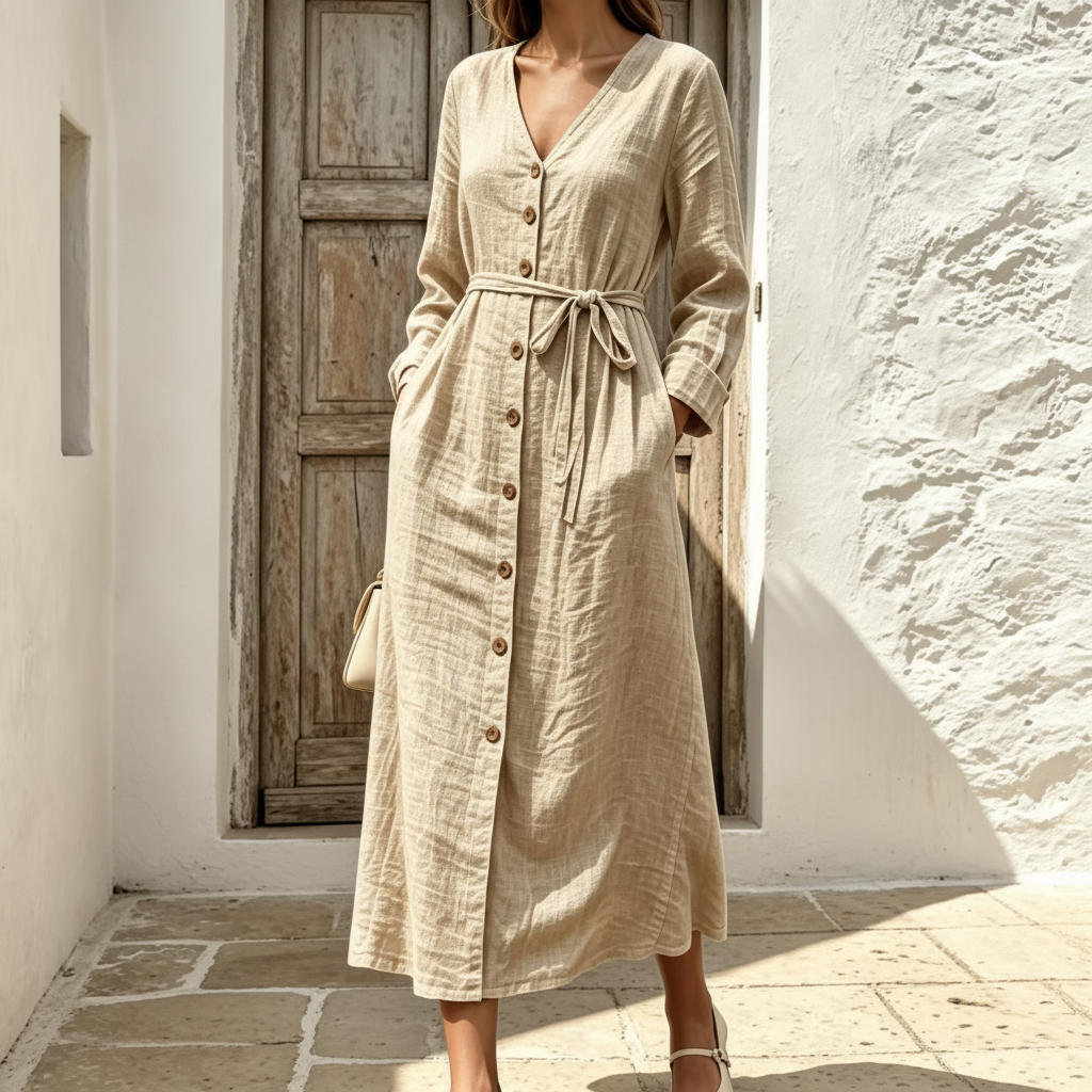 Cotton Linen Midi Dress, Tie Waist