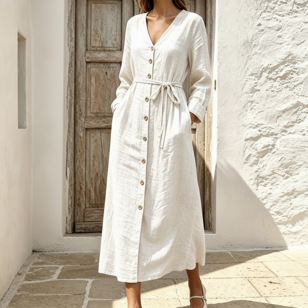 Cotton Linen Midi Dress, Tie Waist