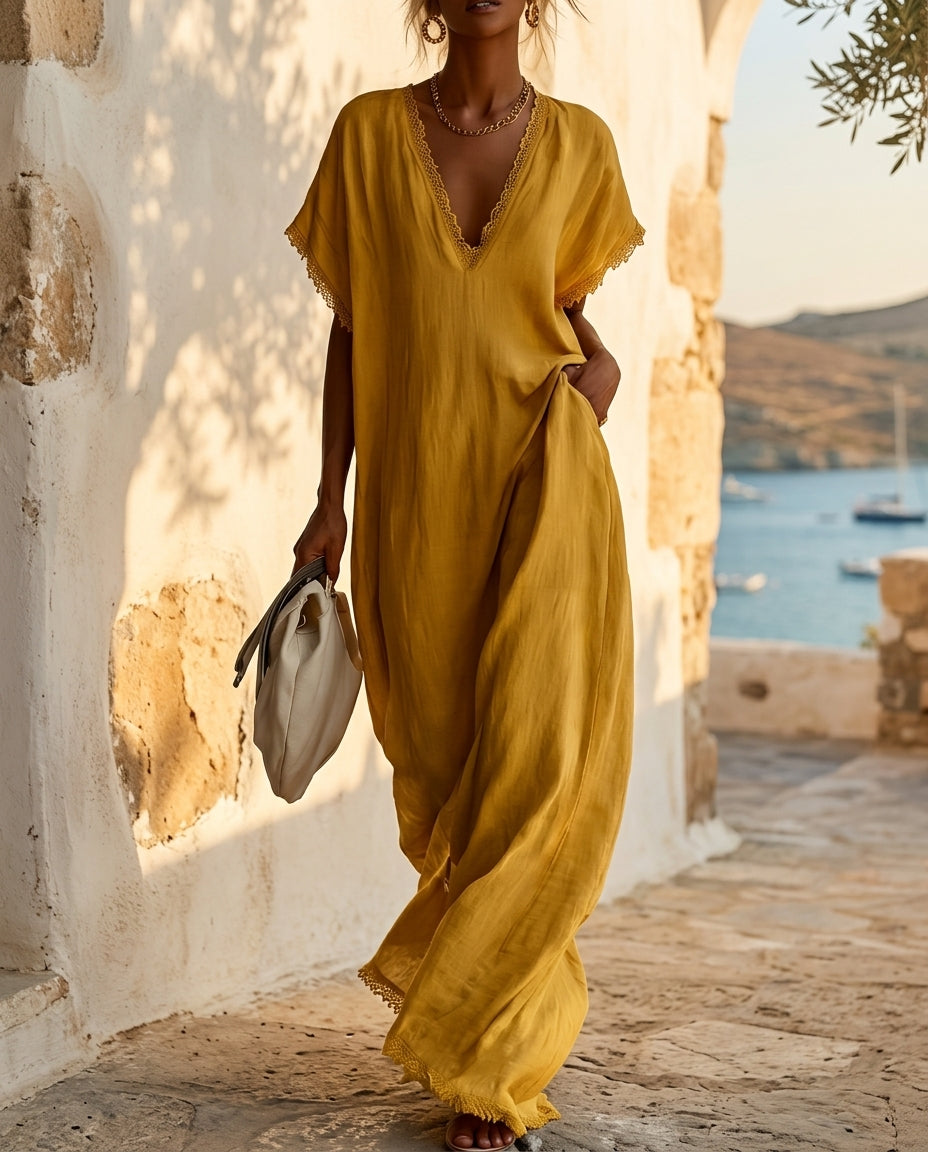 Linen-Look Lace Trim Dress, Relaxed Fit