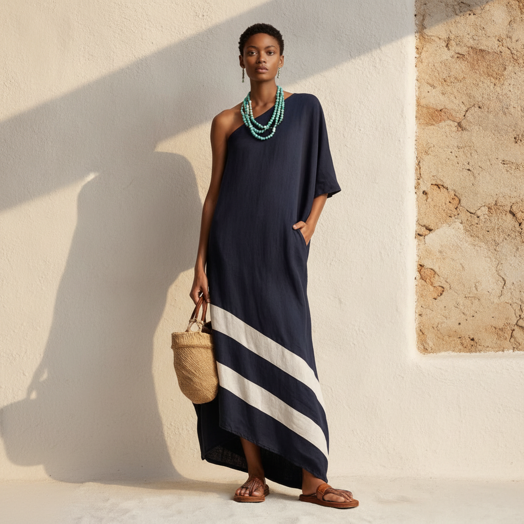 Linen-Look One-Shoulder Dress, Color-Block Cut