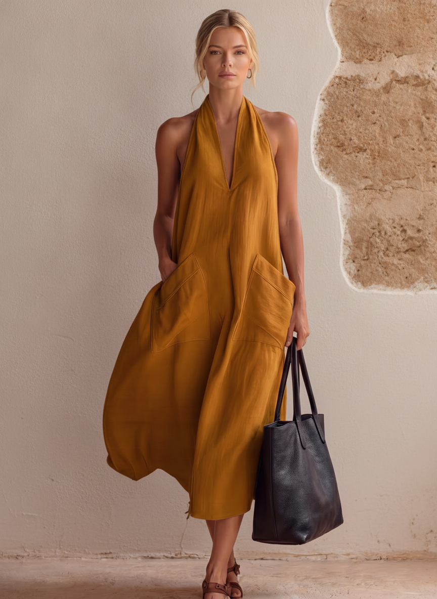 Linen-Look V-Neck Midi Dress, Retro Sundress