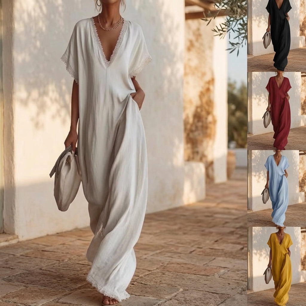 Linen-Look Lace Trim Dress, Relaxed Fit