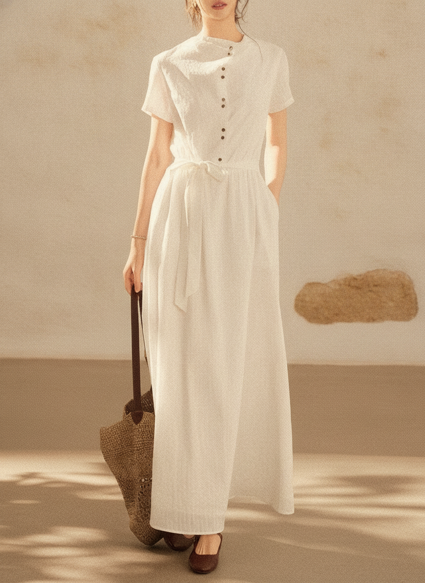 Cotton-Look Shirt Dress, Buttoned High Waist