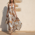 Linen-Look Halter Maxi Dress, V-Neck Print