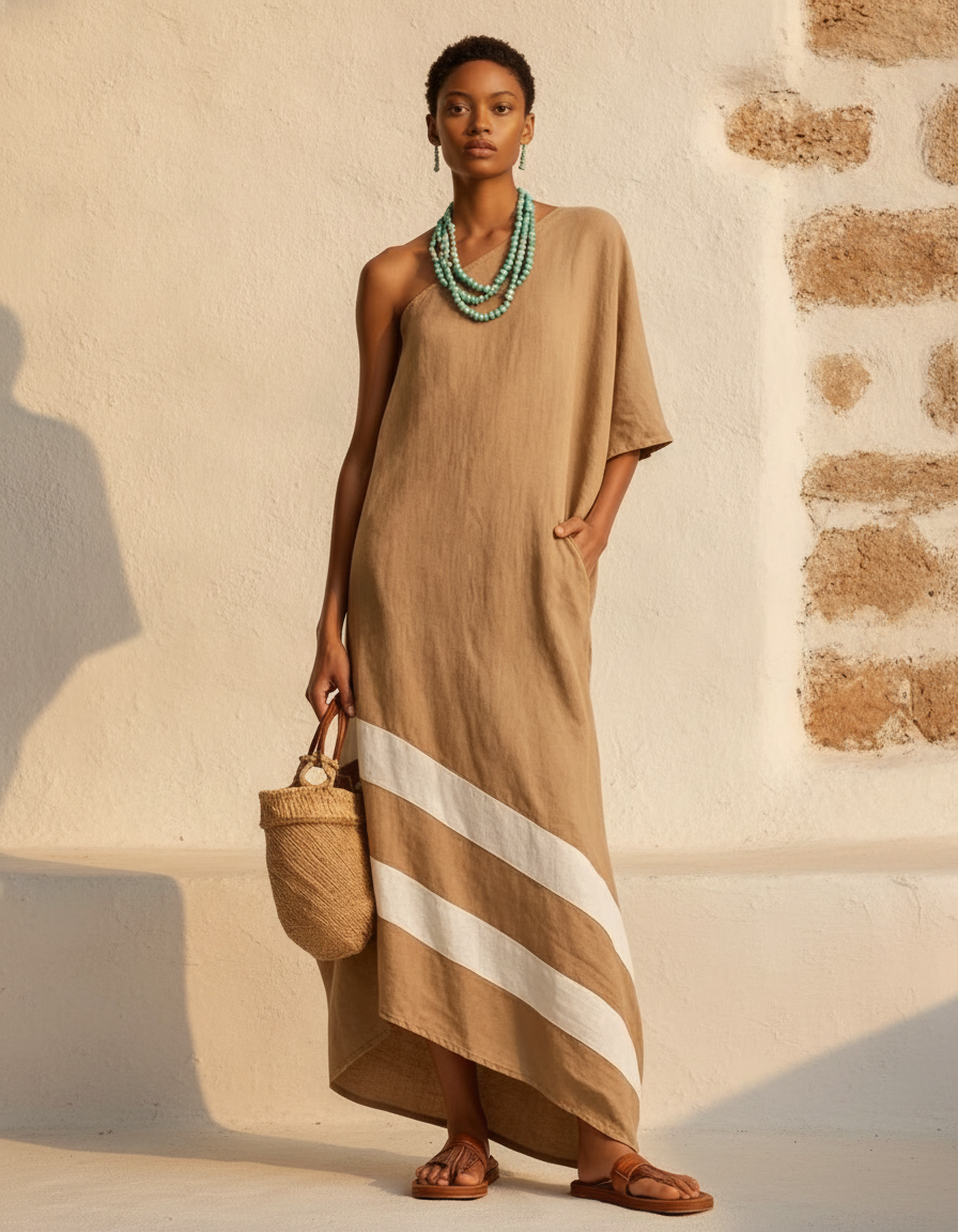 Linen-Look One-Shoulder Dress, Color-Block Cut