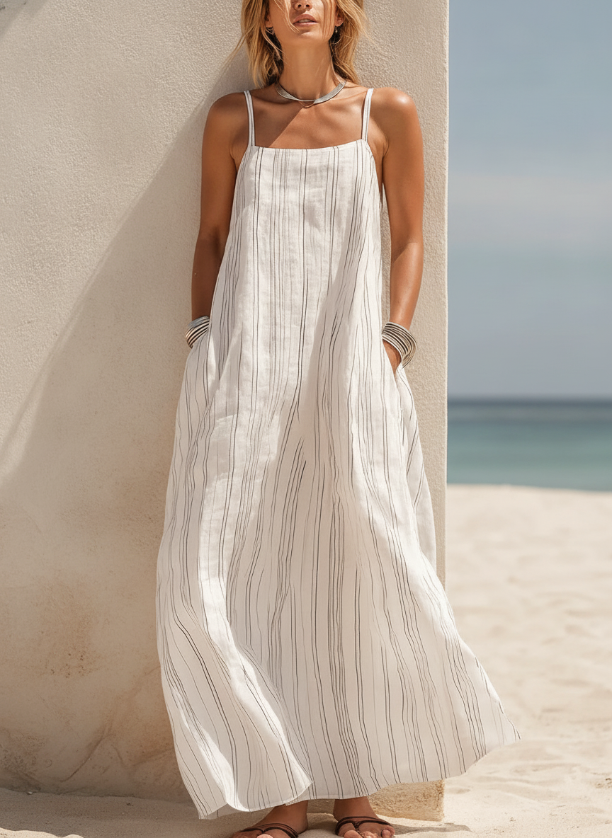 Striped Linen-Look Slip Dress, Backless Suspender Straps