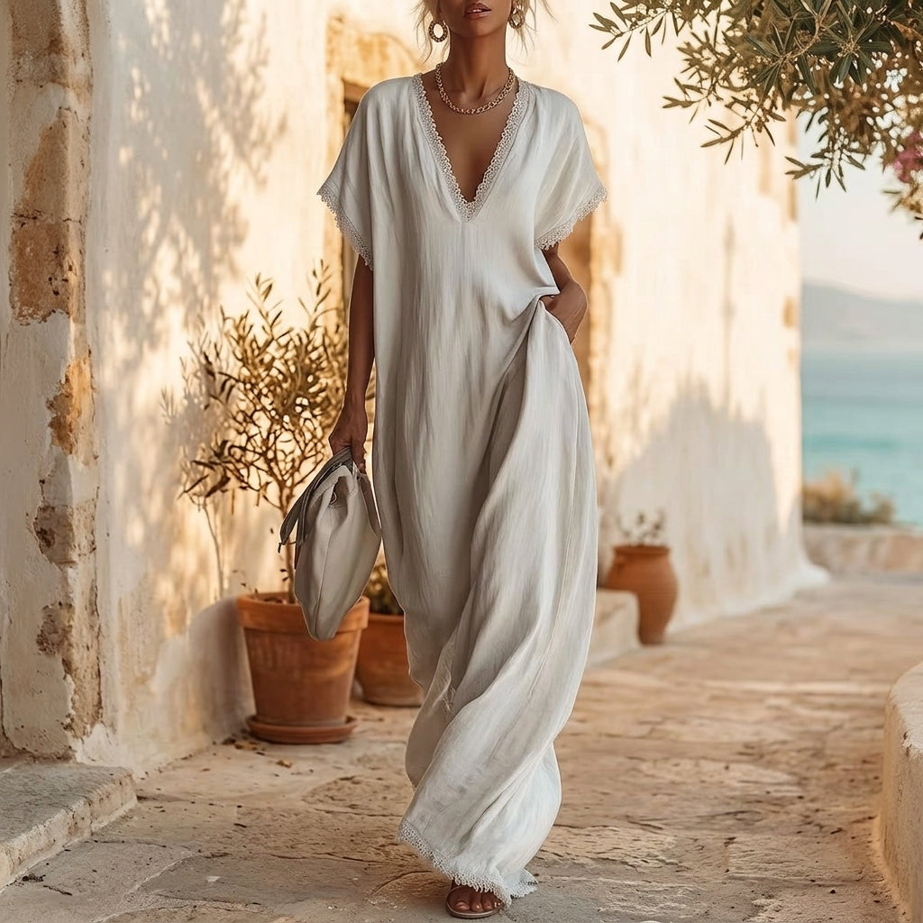 Linen-Look Lace Trim Dress, Relaxed Fit