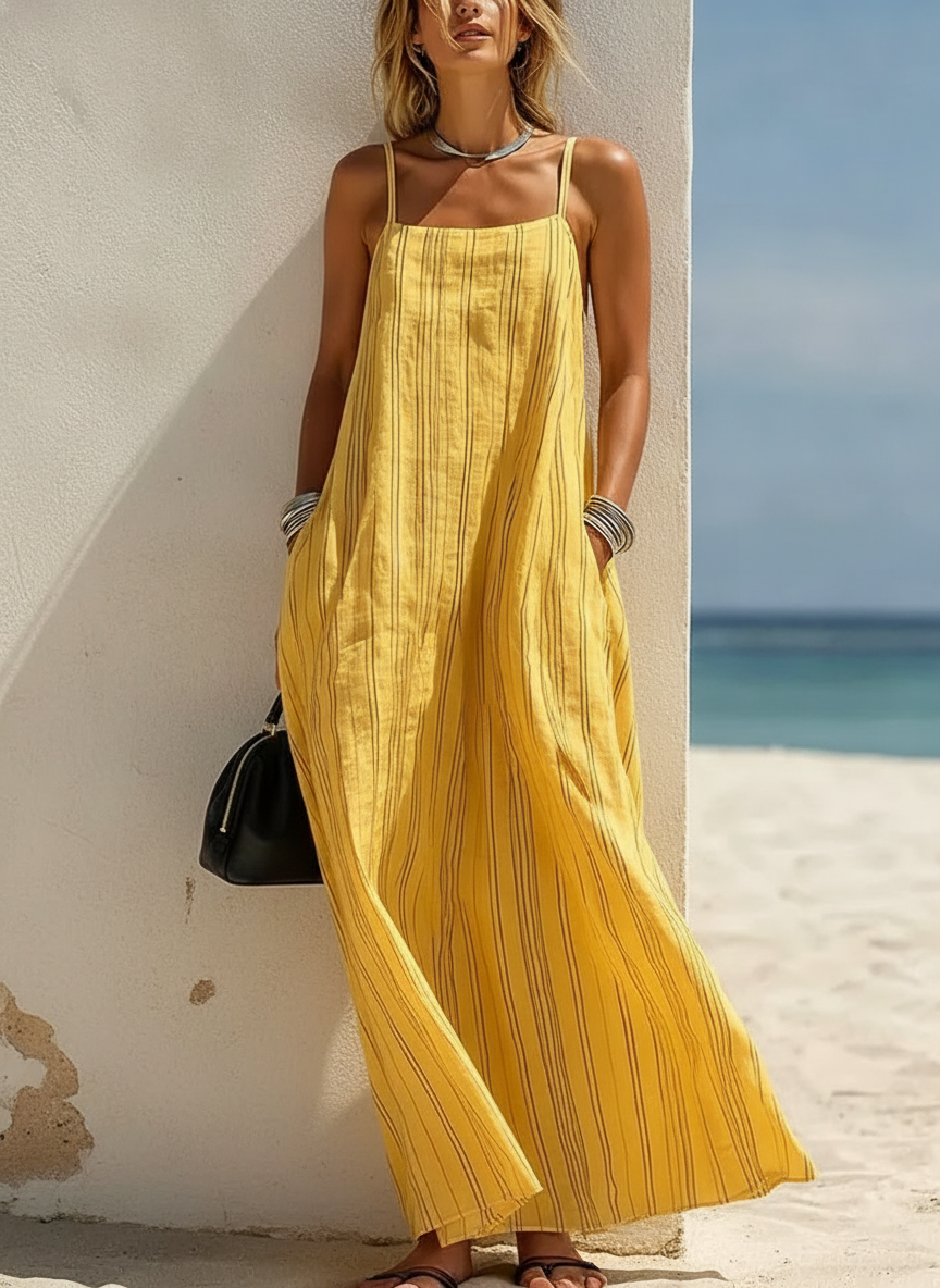 Striped Linen-Look Slip Dress, Backless Suspender Straps