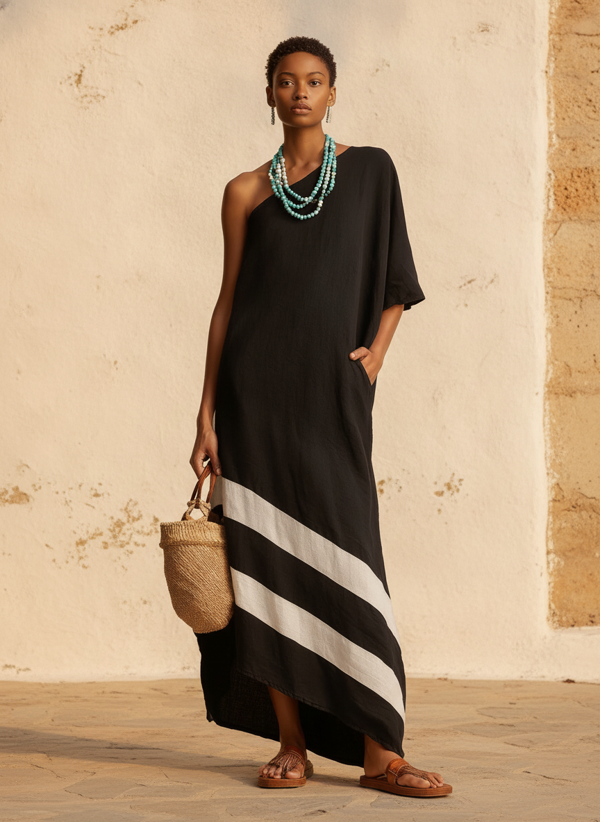 Linen-Look One-Shoulder Dress, Color-Block Cut