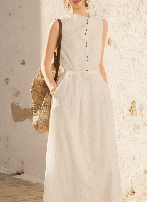 Cotton-Look Shirt Dress, Buttoned High Waist