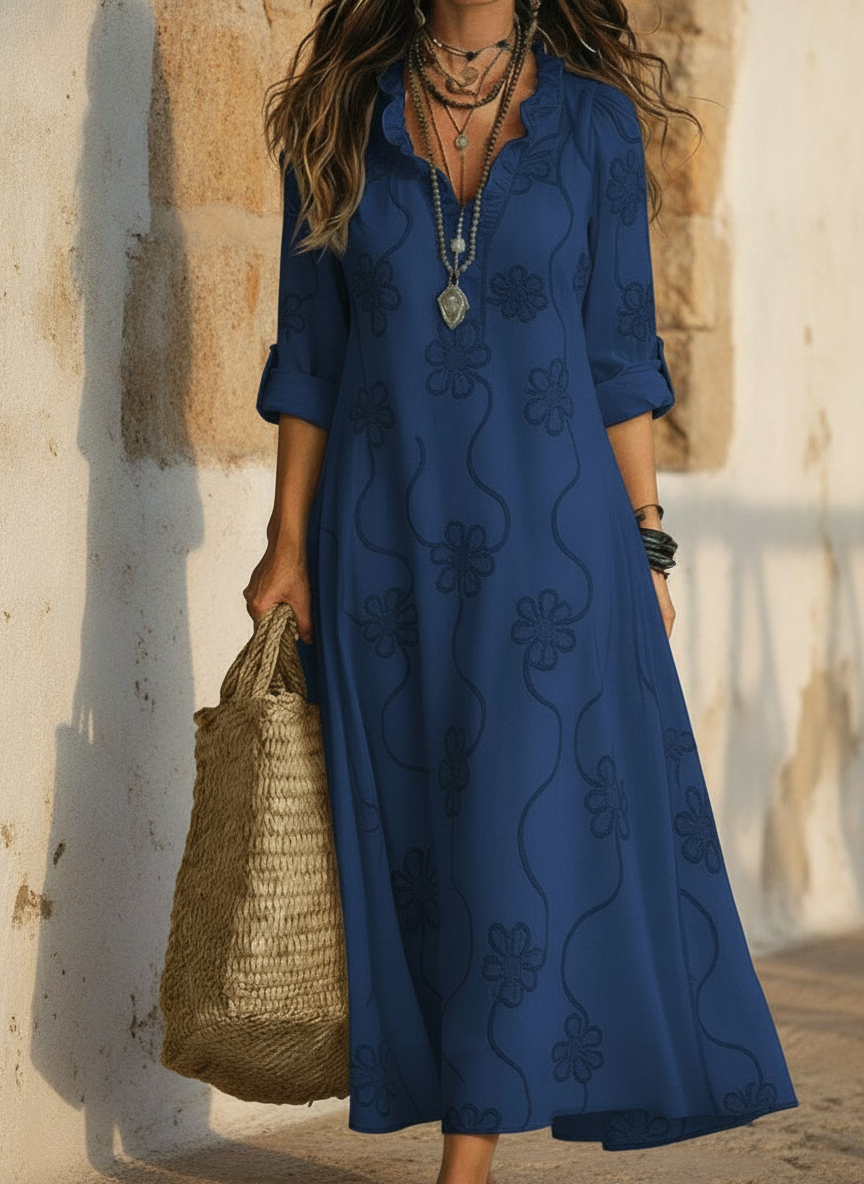 Linen-Look Long Sleeve Dress, 3D Print Detail