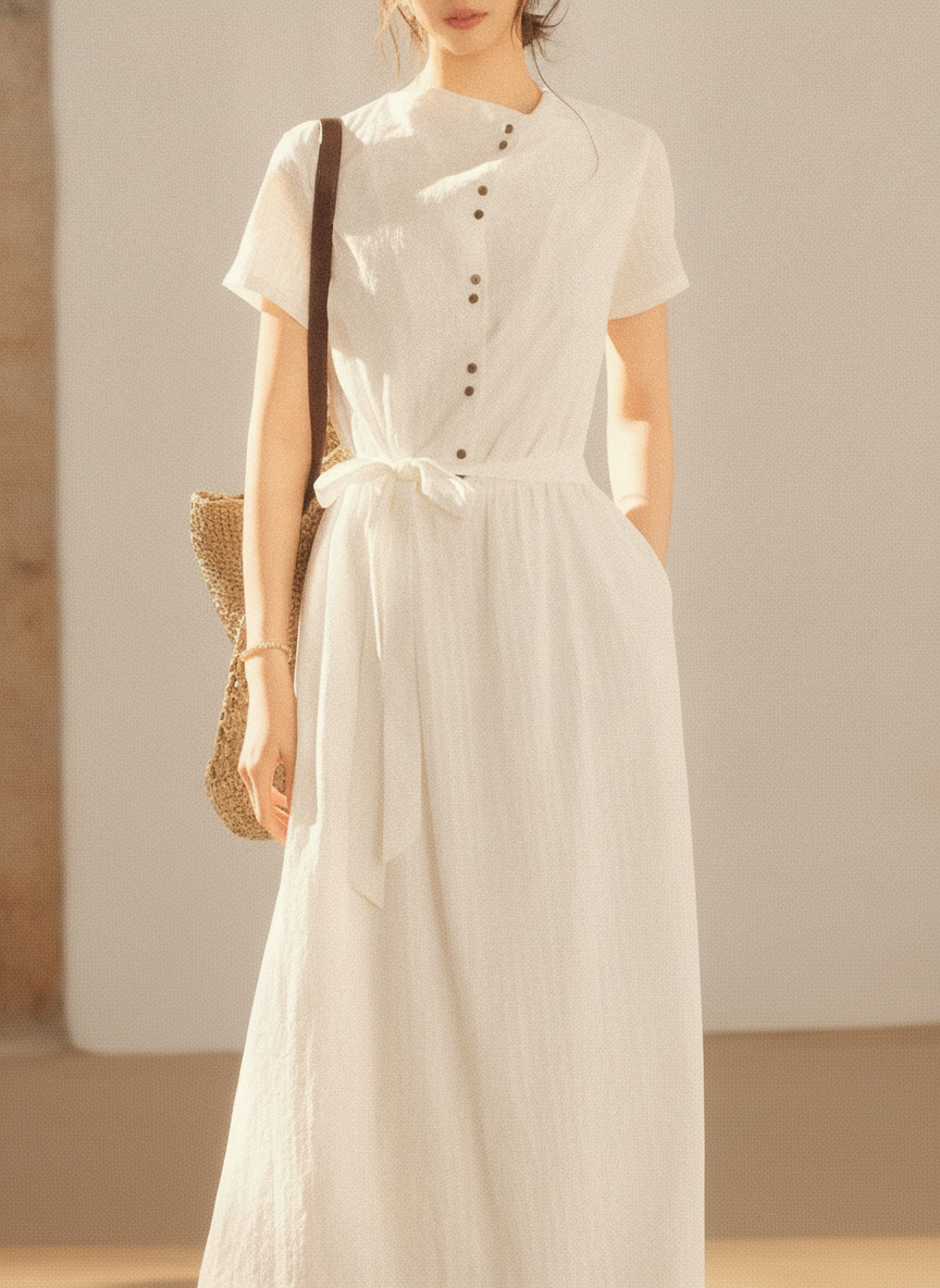 Cotton-Look Shirt Dress, Buttoned High Waist