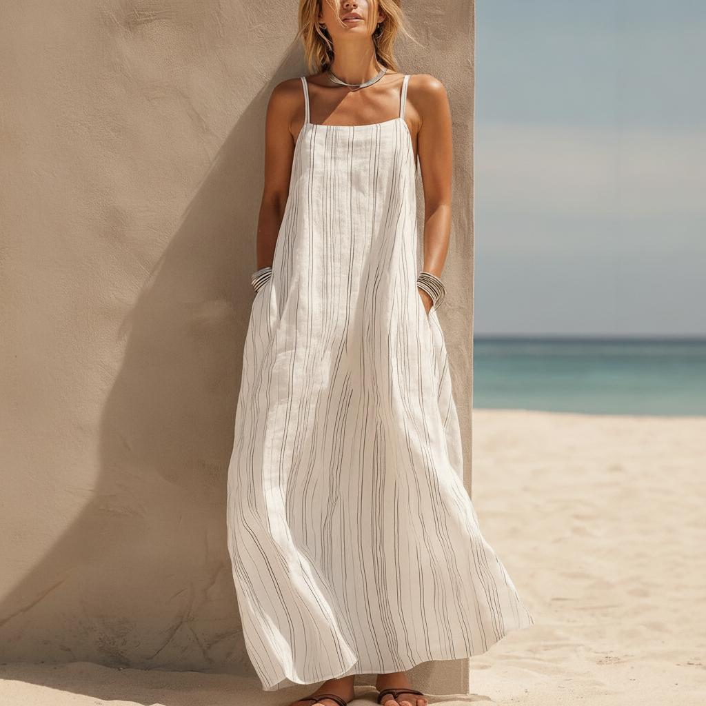 Striped Linen-Look Slip Dress, Backless Suspender Straps