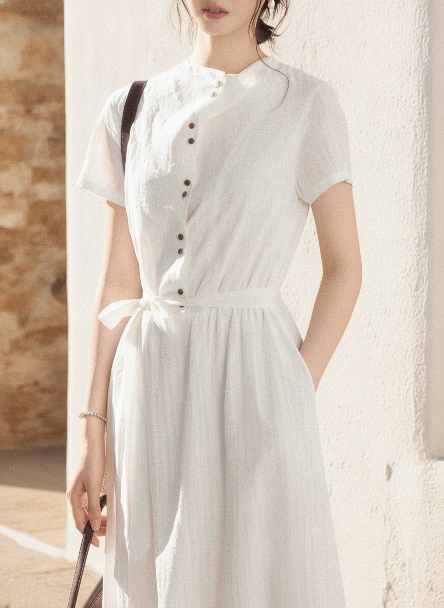 Cotton-Look Shirt Dress, Buttoned High Waist