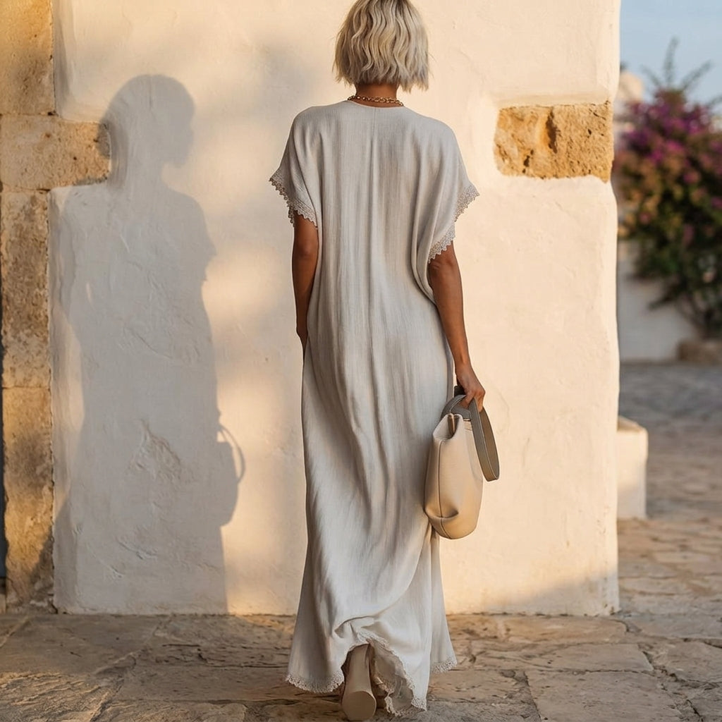 Linen-Look Lace Trim Dress, Relaxed Fit