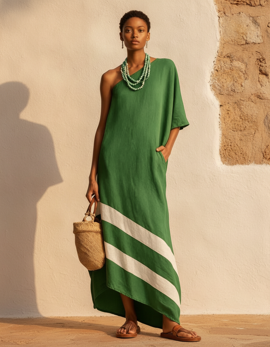 Linen-Look One-Shoulder Dress, Color-Block Cut