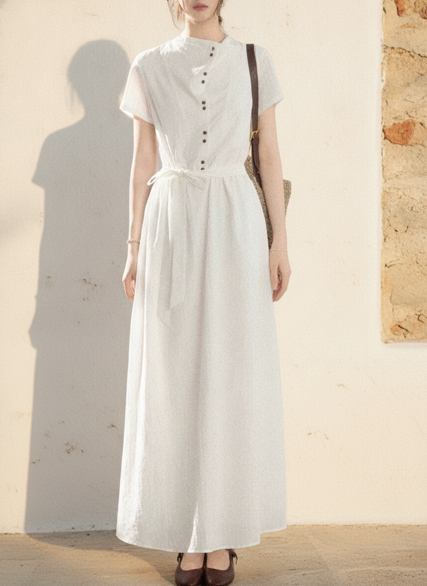 Cotton-Look Shirt Dress, Buttoned High Waist