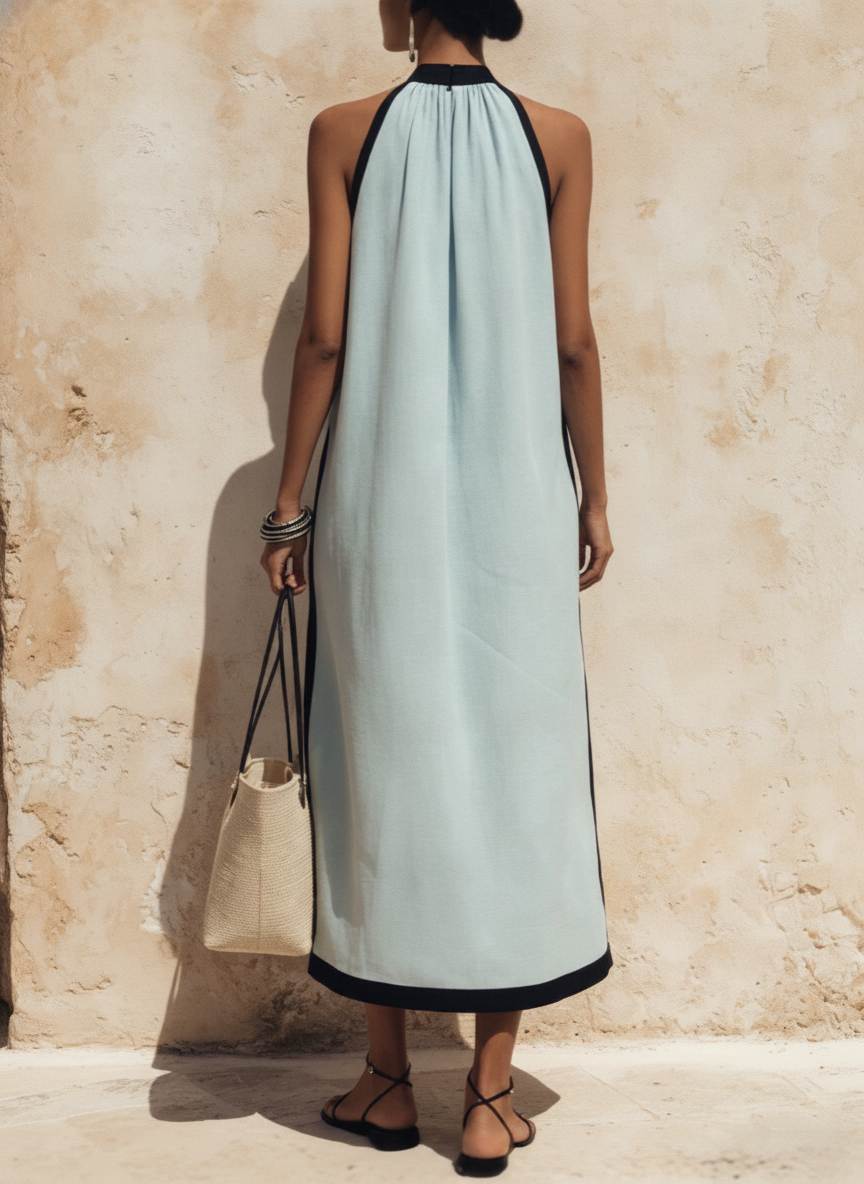 Cotton Linen-Look Dress, Off-Shoulder Colour-Block