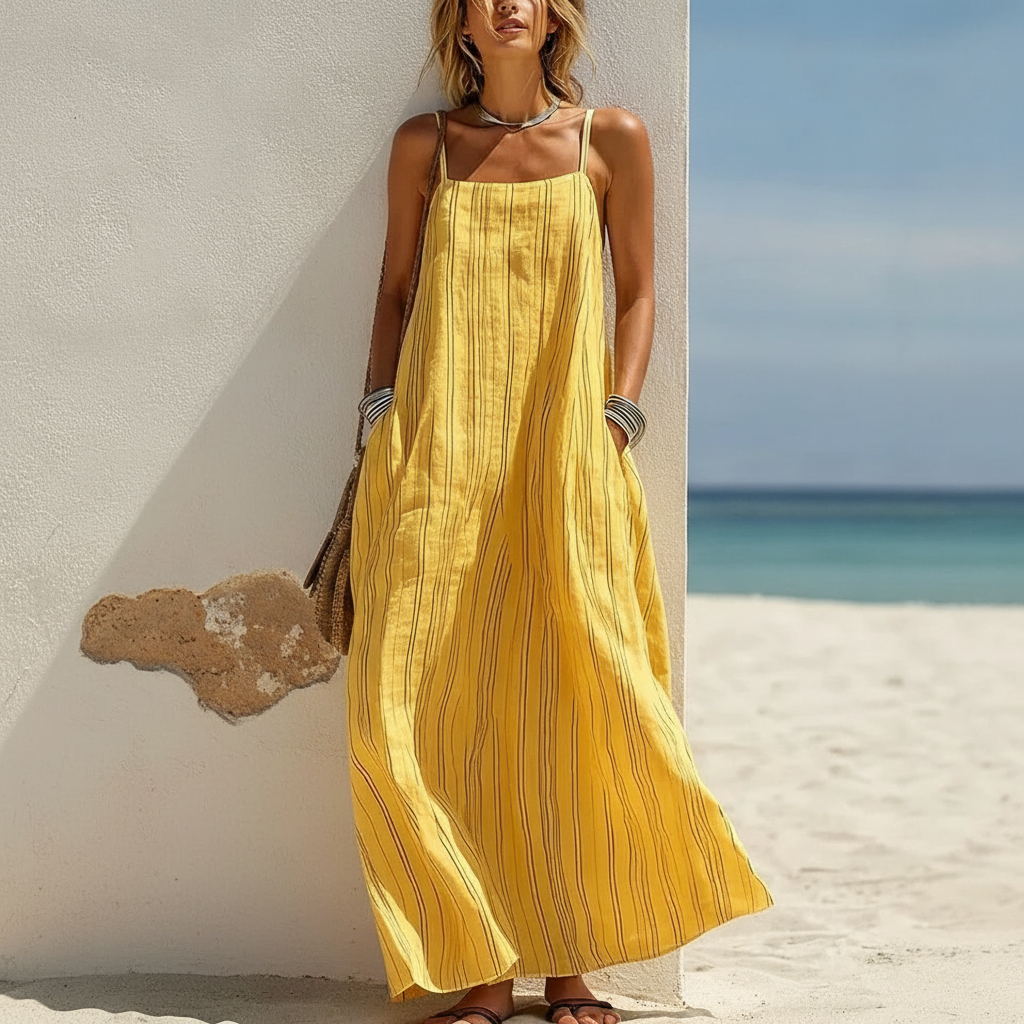 Striped Linen-Look Slip Dress, Backless Suspender Straps