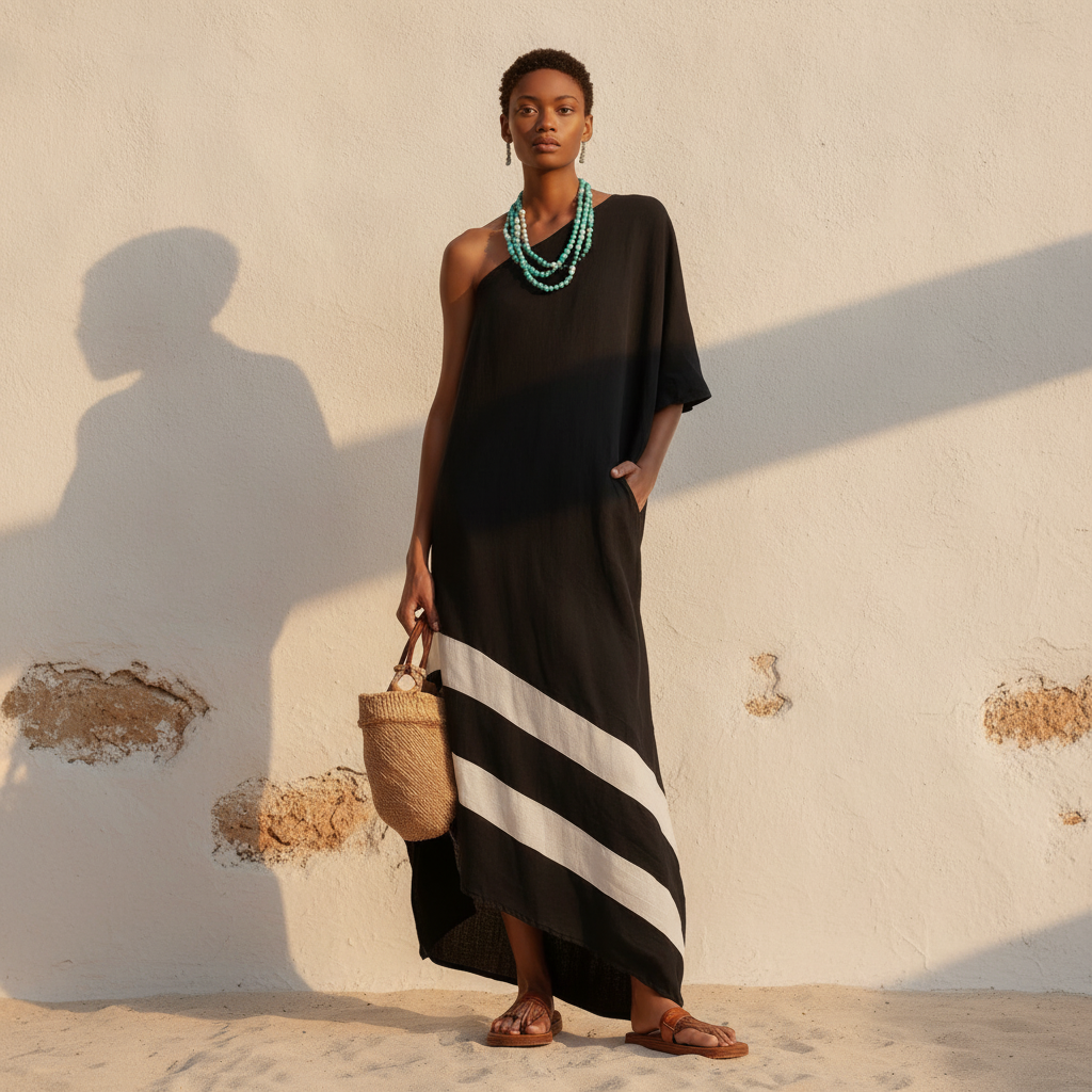 Linen-Look One-Shoulder Dress, Color-Block Cut