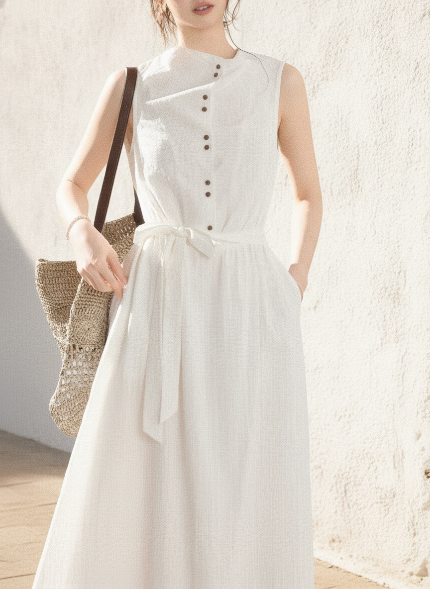 Cotton-Look Shirt Dress, Buttoned High Waist