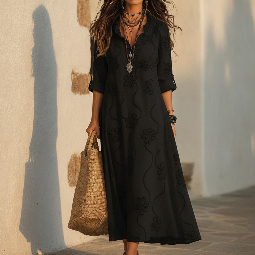 Linen-Look Long Sleeve Dress, 3D Print Detail