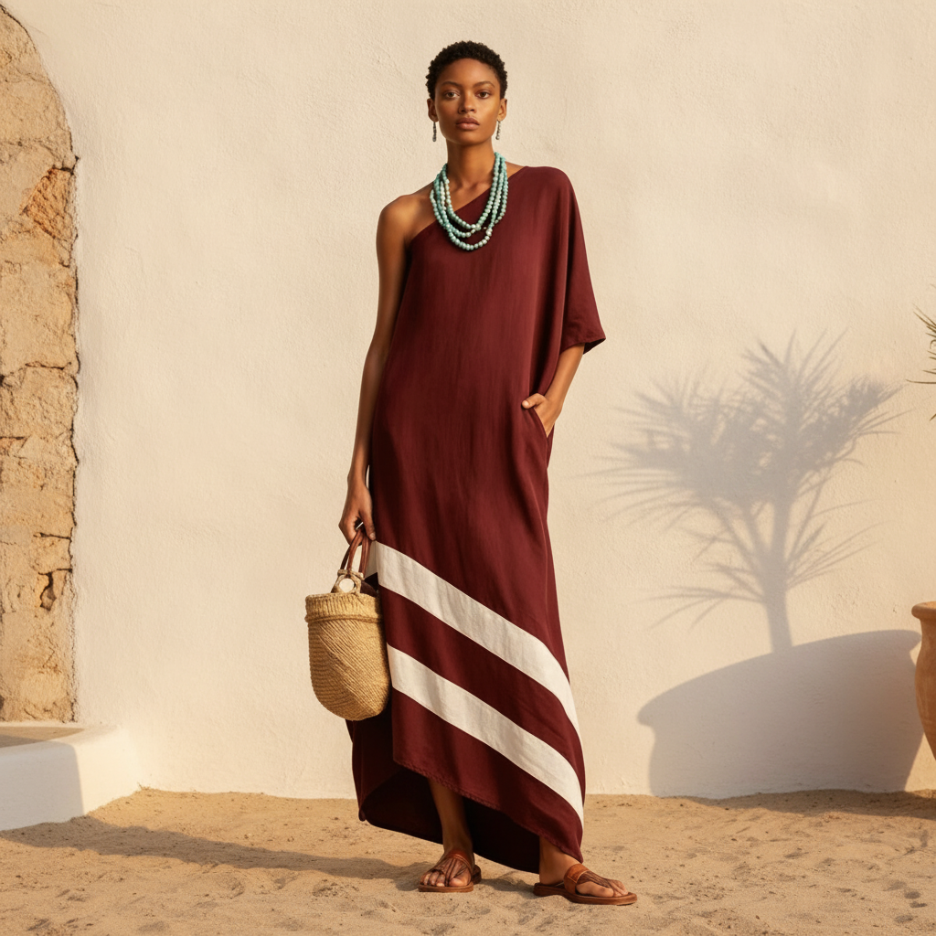 Linen-Look One-Shoulder Dress, Color-Block Cut