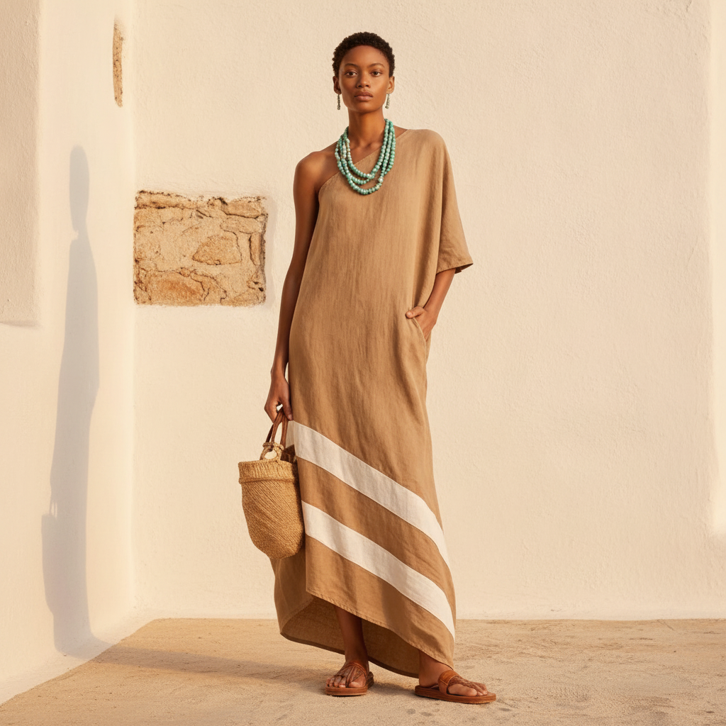Linen-Look One-Shoulder Dress, Color-Block Cut